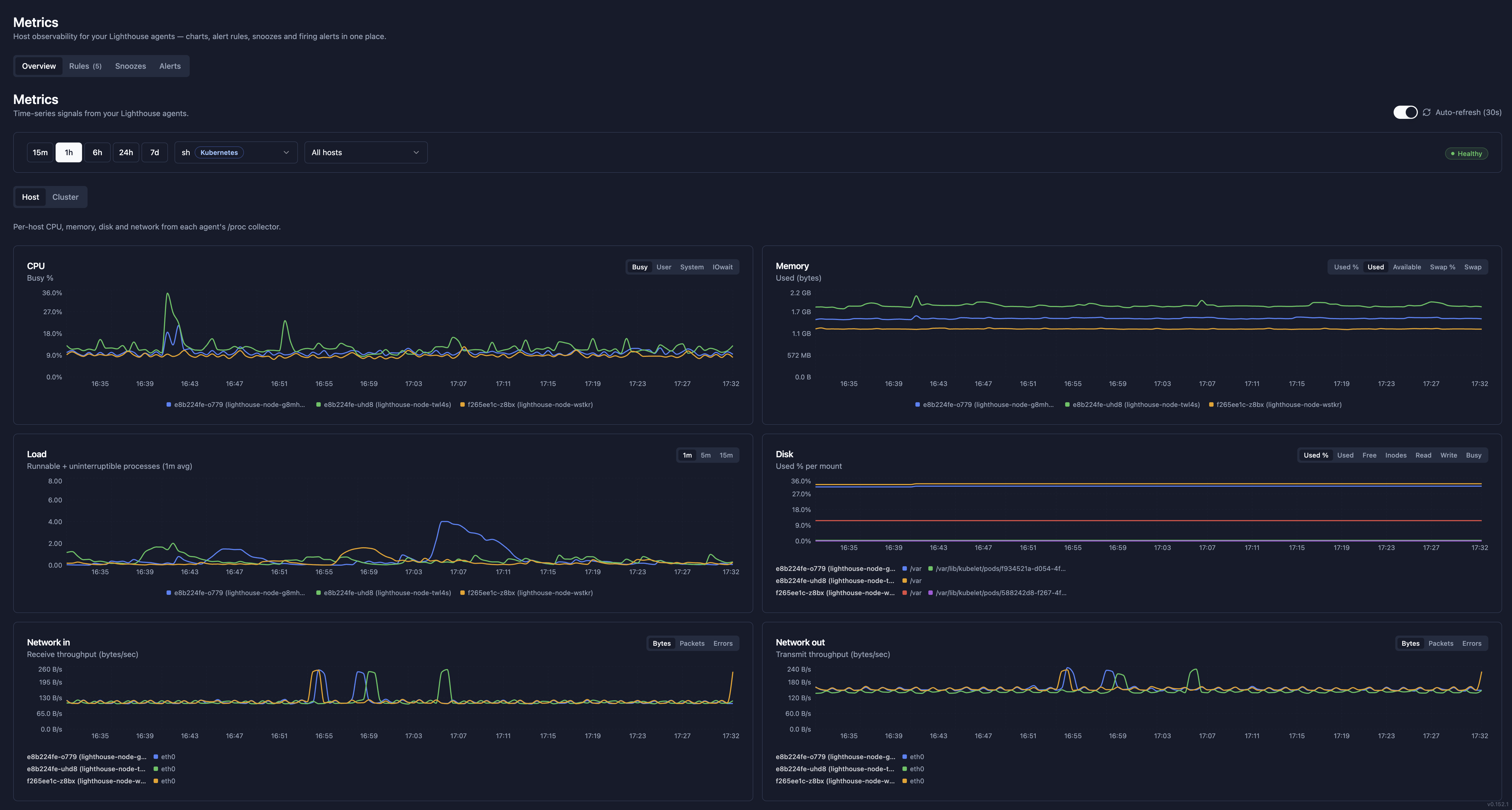 Metrics overview - real-time CPU, memory, load, disk and network charts per Lighthouse agent