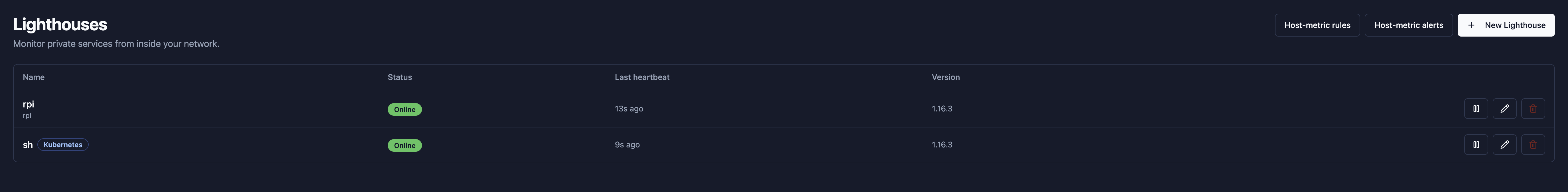 Lighthouses page with the new "Host-metric rules" and "Host-metric alerts" entry buttons