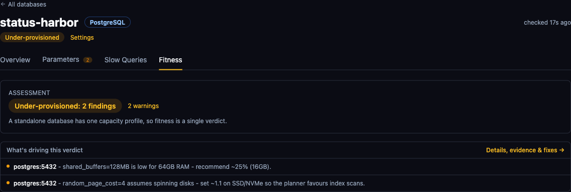 Config-fitness verdict on the database detail page