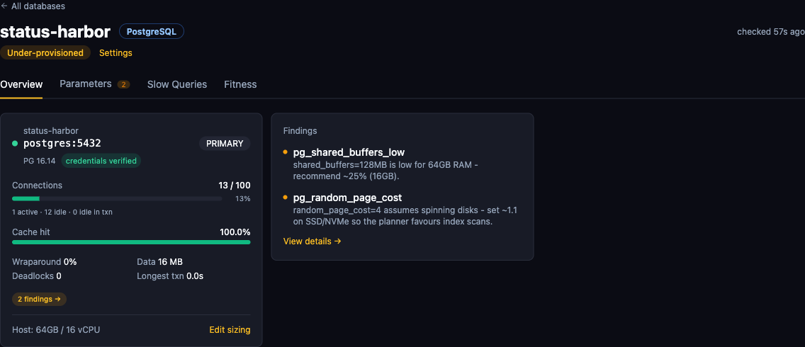 Database overview: node health card with connections, cache hit ratio and active findings